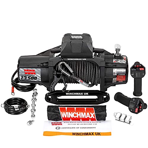 Winchmax 13500lb / 6123kg 'SL-Serie' militärische 12v elektrische Winde. 20m x 10mm Armourline Synthetisches Seil. 3/8 Zoll taktischer Gabelkopfhaken. Zwei kabellose Bedienelemente