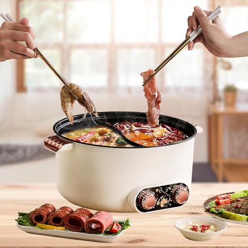 TAZZOR 2 Seiten Hot Pot Elektrisch mit zwei Reglern 5L Elektrischer Kochtopf 1350W Drei Leistungsanpassungen Bratpfanne Antihaft Multifunktionale Schneller Suppentopf für Braten Ramen Fondue Suppe