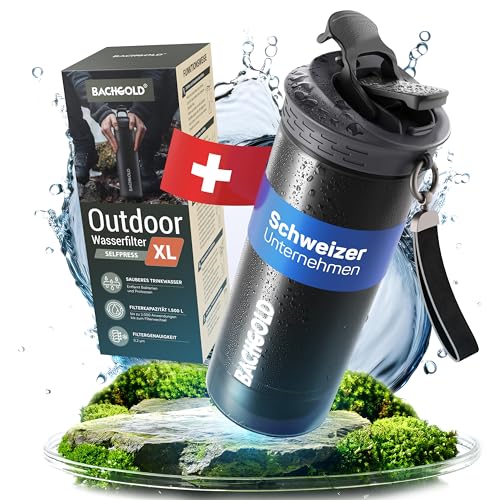 Bachgold® Profi Outdoor Wasserfilter Flasche mit 1500L Filterkapazität I entfernt 99,99% aller Bakterien und filtert Viren, Partikel und Schwermetalle (Schwarz XL, 800 ml)