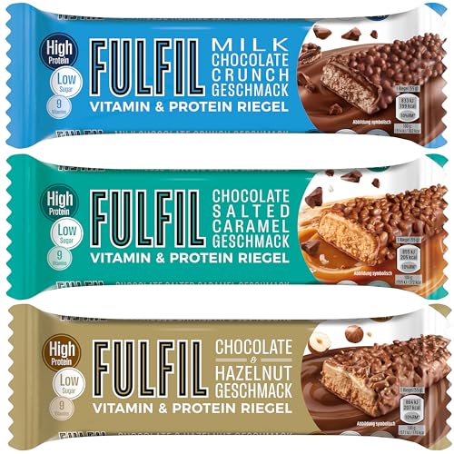 FULFIL Protein Riegel Probierset (3x 55g) - Milk Chocolate, Hazelnut & Salted Caramel- High Protein Bars - Weniger als 2g Zucker - Mit Vitaminen E, C, B1, B2, B3, B6, B12, Folsäure & Pantothensäure