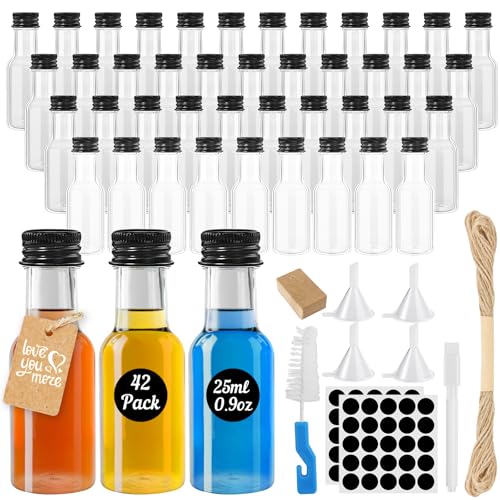 Furuising 42 Stück Mini Fläschchen Likörflaschen, 25ml Kleine Flaschen zum Befüllen Kunststoff, Wiederverwendbar Schnapsflaschen zum Befüllen mit Deckel, Stift, Anhänger, Trichter für Hochzeiten Party