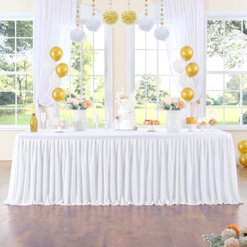 396cm White Polyester Table Skirts for Rectangle Tables, Wrinkle Free Ruffle Pleats Cloth Table Skirt 13ft for Banquet Wedding Birthday Baby Shower Trade Meeting Cake Dessert Tables(No Top Cover)