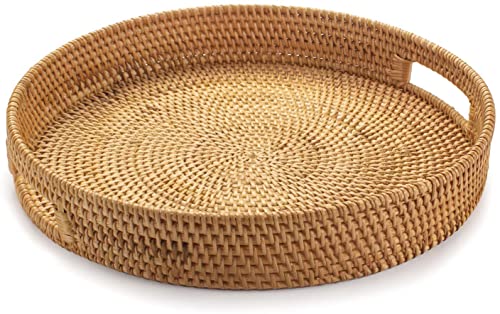 Rattan Rundes Serviertablett, Gewebtes Serviertablett mit Ausgeschnittenen Griffen, Obst/Brot Servierkorb, 34 cm