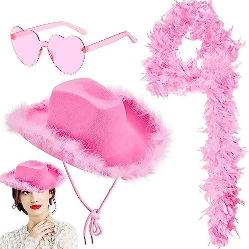 Modischer Cowboyhut für Damen, Flauschige Feder Boa Türkei Federn Schal für Damen Kostüm Requisiten mit Randlosen Herzbrille Für Cosplay, Karneval Party,Bühnenshows, Kostüm Party (Rosa)