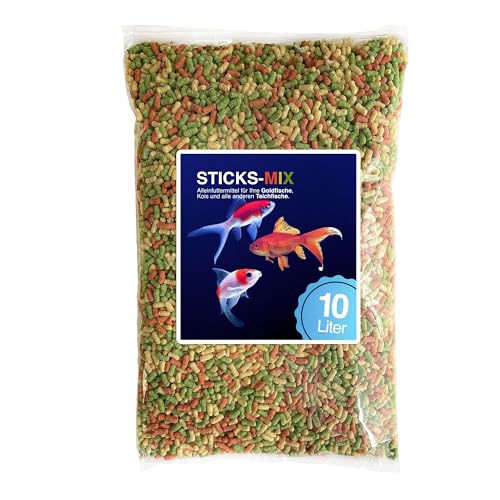 Teich Sticks Mix bunt 10 Liter Beutel - Premium Alleinfuttermittel Teichsticks Flocken für Teichfische, Kois und Goldfische - Angereichert mit Vitaminen Tricolore - Nicht Trübend & Hochwertig