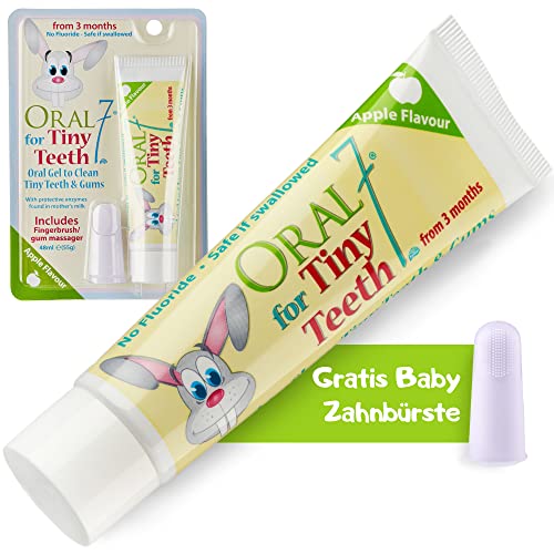 Oral7 Tiny Teeth. Baby Zahnpasta mit den Enzymen der Muttermilch für weniger Karies. Mit Gratis Fingerling. Zahnpasta Baby mit tollem Apfel-Geschmack. Zahncreme für Babies (6-24 Monate)