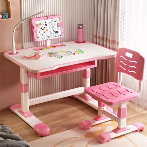 reukmuuc Verstellbarer Kinder-Schreibtisch und Stuhl-Set, höhenverstellbarer Arbeitsschreibtisch mit neigbarem Leseständer, extra große Schublade, LED-Tischlampe, für Kinder von 3-18 Jahren, für