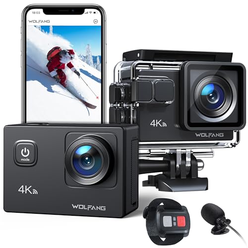 WOLFANG Action Cam GA100 Neu,4K 20MP, Unterwasserkamera WiFi 40M wasserdichte,EIS Bildstabilisator,Helmkamera,170° Weitwinkel,Camcorder,Externem Mikrofon, 2.4G Fernbedienung, 2 Akkus und Zubehör Kit