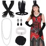 FEPITO Flapper-Kleider im Stil der 1920er Jahre für Damen, mit Fransen und Pailletten besetztes Great Gatsby-Kleid für Damen mit Accessoires im Stil der 20er Jahre(Red（style 4）,Medium)