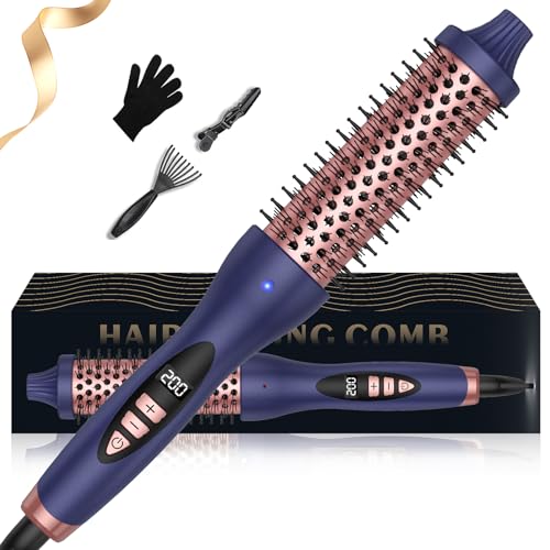 UKLISS Thermal Brush, 38mm Thermobürste Wärmebürste 3 in 1, Rundbürste Stylingbürsten, Lockenbürste LCD-Anzeige 120-210℃, Double Spannung Hot Brush für Haarstyling - Kamm, Locke, Gerade (Blau Rosa)