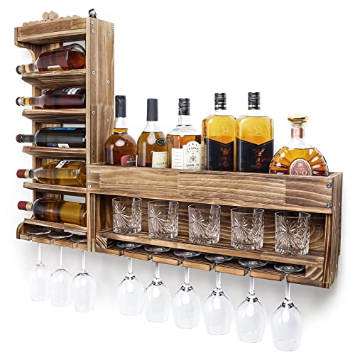 Yorbay Weinregal Palette Beflammt Holz, Wandbar mit Korkhalter, für Weingläser,Whiskygläser,Flaschenhalter Hausbar,Vintage, Geschenk (Regulär ohne LED)