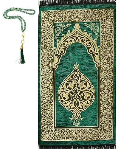 Prien Gebetsteppich Muslim mit Tesbih | Seccade mit Gebetskette | Gebetsmatte Islam für Frauen | Islamische Teppich Geschenke Set für Männer | Prayer Mat Geschenk Gebet Ramadan Namazlik (Grün)