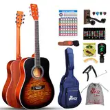 Winzz Akustik Gitarre 4/4, Western Gitarre Anfänger Erwachsene Schönes Geflammtes Design, Gitarre Kinder ab 12+ Jahre mit Stahlsaiten, Gitarre Einsteiger Set mit 11 Zubehör (Sunburst Matt, 41 Zoll)