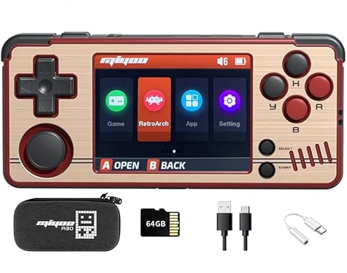 Whatsko MiyooA30 Handheld Spielkonsole,2.8 Zoll IPS Screen 2600mAh,Retro Konsole Built-in 64G Karte Vorinstaliert 10000+ Spiele,Unterstützt Wireless WiFi Battles Handheld Konsole(Braun)