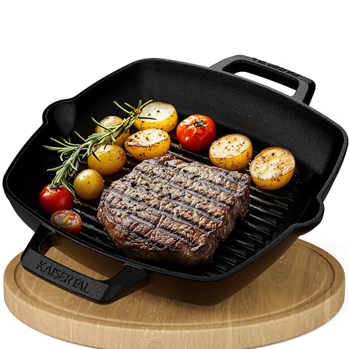 KAISERTAL® Grillpfanne - 26cm Premium Grillpfanne Gusseisen. Die Gusspfanne ist Induktionsgeeignet, Voreingebrannt und Backofengeeignet. Inkl. Rezeptbuch