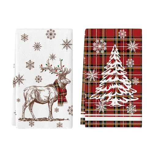 Artoid Mode Rot BüffelKaro Weihnachtsbaum Rentier Weihnachten Küchentücher Geschirrtücher, 42x65 cm Winter Christmas Deko Polyester Handtücher 2er Set