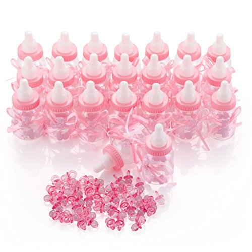 QILICZ 24 stück Flaschen Geschenk Box Gastgeschenke Taufe Baby-Süßigkeit Baby Candy Box Flasche Baby + 50 Mini Dekoschnuller für Mädchen Shower Babydusche Party Taufe Geschenkpaket Babyparty Rosa