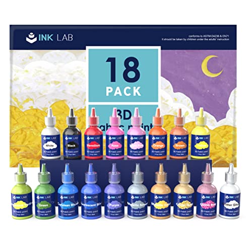 INK LAB Stofffarben Set 18 Farben 3D Wasserfest Textilfarbe Stoffmalfarben mit Pinsel für Kleidung Glas Textil Stoff Leinwand T-Shirts Holz Kinder Erwachsene,30ml/Flasche