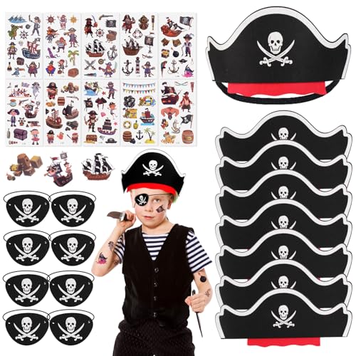 LFENYIGI Piratenhut Kinder, Piraten Kindergeburtstag Set mit 8 pcs Piratenhut, 8 pcs Augenklappe Pirat, 10 pcs Pirat Tattoos Schädel für Piratenparty Geburtstag Halloween Maskerade