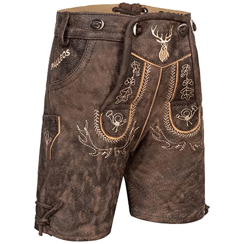 PAULGOS Kinder Trachten Lederhose KK2-ANTIK + Träger, Echtes Leder, Gr. 146-152, Schokobraun