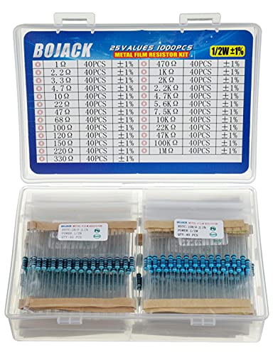 BOJACK Widerstände Sortiment Kit 1 Ohm - 1M Ohm 1/2W Metallfilm Widerstand Resistor Kit (25 Werte 1000 Stück)