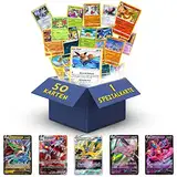 Pokemon Karten deutsch 50 Verschiedene Original Pokemon | 1 V, VMAX, VSTAR, EX | 3X Holo | 1x Rare | 1 zufällige Pikachu, Evoli, Dedenne aktuelle Sets + 1 Heartforcards® Toploader