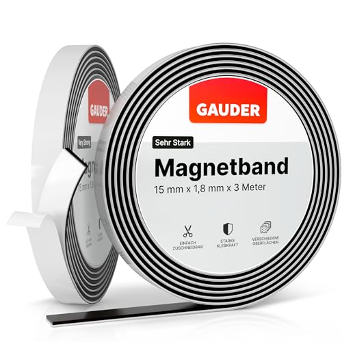 GAUDER Magnetband selbstklebend | Magnetstreifen mit extra starkem Kleber | Magnetklebeband (3 m)