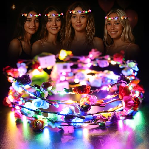 LED Blumenkranz Kopfschmuck Beleuchtet Blumen Lichterkette Haarschmuck Damen Kinder Leuchtkranz, Mehrfarbig Haarreifen schmuck für Hochzeiten, Feste, Karneval, Partys, Maskeraden und Konzerte