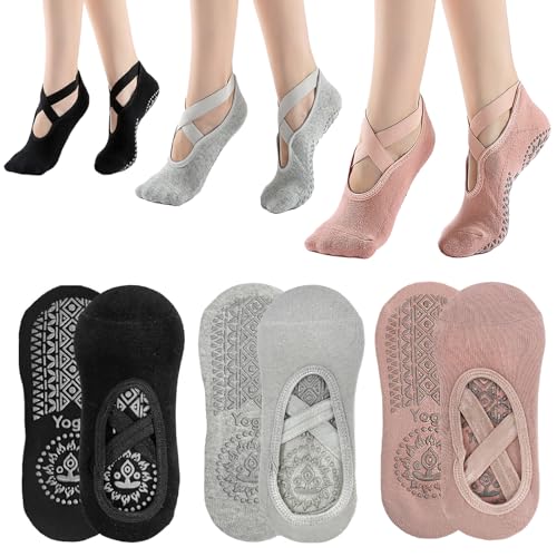 KEYRI 3 Paar Yoga Pilates Socke Rutschfeste Socken für Frauen Mädchen, Grippige Socken BodenSocke Anti-Rutsch Griffe Riemen, Einheitsgröße Socken für Fitness Ballett (Baumwolle, Schwarz+Pink+Grau)