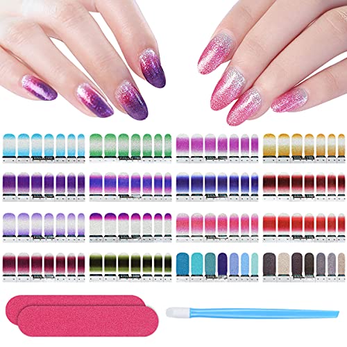 Nagelfolie Selbstklebend, 14 Blatt (196pcs) Glitzer Farbverlauf Nagelaufkleber, Nagelsticker Nail Art Aufkleber Maniküre Schöne Mode DIY Dekoration, mit 2 Nagelfeilen und Einem Gummi Nagelhautschieber