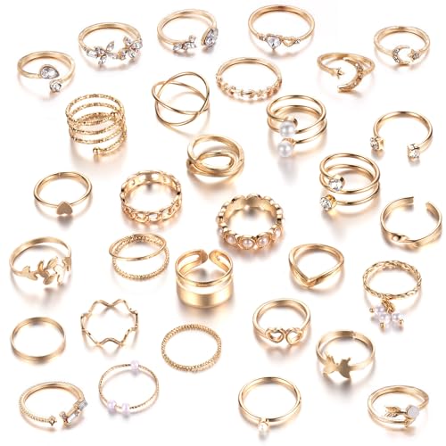 JSTHHTT 31 Stück Ringe Set für Damen Boho Gelenk Fingerringe Knöchel Ringe Stapelbare Offene Daumen Ringe Stapelbare Midi Ringe Set Ringe Frauen Ideal für Geburtstagsfeiern, Abschlussbälle Gold