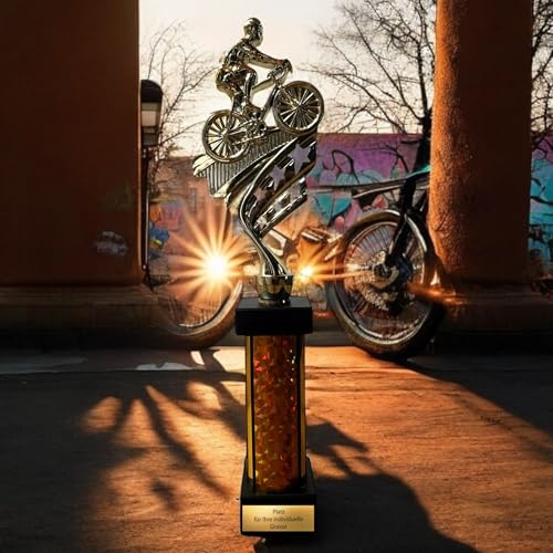 eberix · Fahrrad Pokal · mit Wunschgravur · goldfarbenes Mountainbike-Motiv mit Fahrer · personalisierbar ·