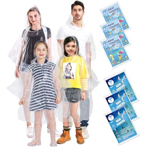 TUNCHMO 6 Stück Durchsichtig Regenponchos Familien-Set für Damen Herren und Kinder - Wasserdichter Regenschutz, 50% Extra dicke Regencape mit Kapuze，Leichtgewichtiger Transparenter