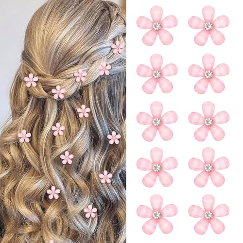 Mezrkuwr 10 Stück Rosa Mini Blumen Haarspangen mit Strass, niedliche Haarspangen, Blumen Haarnadeln, dekorative Haarspangen, Hochzeit-Haarspangen, Blumen-Haar-Accessoires