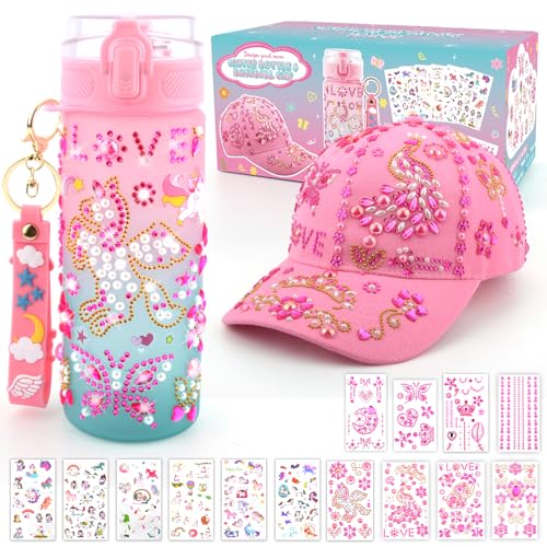 Geschenke für Mädchen DIY Trinkflasche und Baseballkappe, Geburtstag Geschenk Mädchen 4 5 6 7 8 9 10 11 12 Jahre, Bastelset Kinder Selbst Gestalten Kappe mit Edelstein & Aufklebern