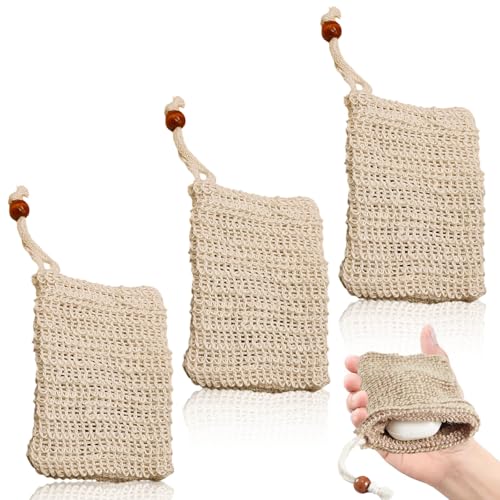 3 Stück Bio Natur Seifensäckchen, 14.5x9.5cm Peeling Aufschäumen Seifenbeutel, Sisal Seifensack, Trocknen Massage Aufbewahrung Seifenreste Seifentasche Netz Kordelzug Bad Plastikfreie