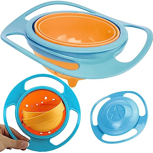 Retoo Baby Bowl 360 ° Drehbare, 3er-Set, Auslaufsichere Unterhaltsame Magische, Schüssel Gyroscopic Bowl mit Deckel für Baby, Kinder, Kleinkinder, Spielzeug-Baby-Geschirr 17 x 17 cm Blau