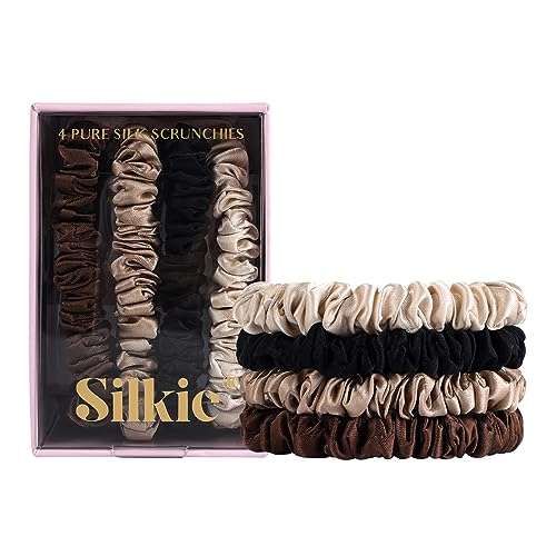 SILKIE 4er-Set 100% reine Maulbeerseide schwarze und braune dünne Haargummis mit Reisebeutel, Haargummis für jeden Tag, Haarpflege, Pferdeschwanzhalter, ohne Haarschäden (Chocolate)