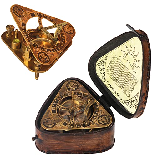 TUBAZ Antiker Steampunk-Dreieck-Sonnenuhr-Messing-Kompass - Top Grade Clear Vision Handgefertigter Messing-Kompass in Lederbox Geburtstagsgeschenk, Taufgeschenk, Hochzeitsgeschenk,