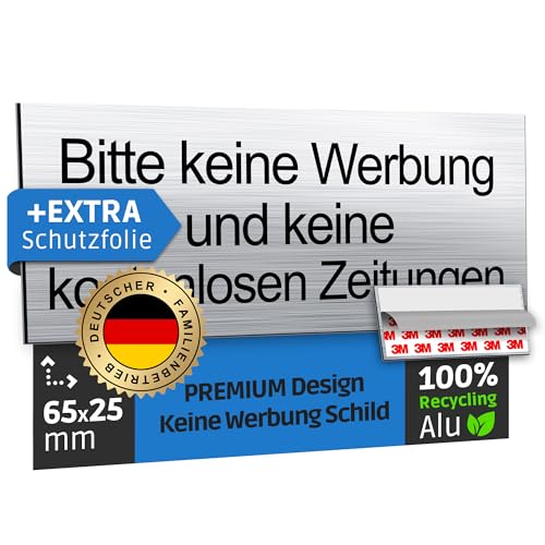 SCHILDERBOXX® Briefkastenschild Selbstklebend Bitte keine Werbung und kostenlose Zeitungen [65x25mm, 100% Alu, 3M Tape] - Idealer Bitte keine Werbung Aufkleber keine Werbung Briefkasten Aufkleber