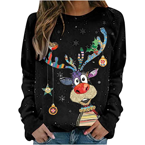 Sweatshirt Damen Weihnachtspullover Damen Winter Warm Weihnachts Pullis Casual Christmas Weihnachtsshirt Damen Langarm mit Schneemann Weihnachtsmotiv Rentier Schneemann Xmas Hoodie Sweat Oberteile Top