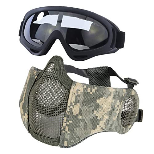 Yzpacc Taktische Airsoft Maskenbrille Set, Verstellbare Halbgesichtsmaske mit Ohrenschutz, Anti-UV, Airsoft Gläser, Augenschutz für Airsoft/BB/CS-Spiele/Jagd/Paintball/Shooting(ACU & Schwarz)