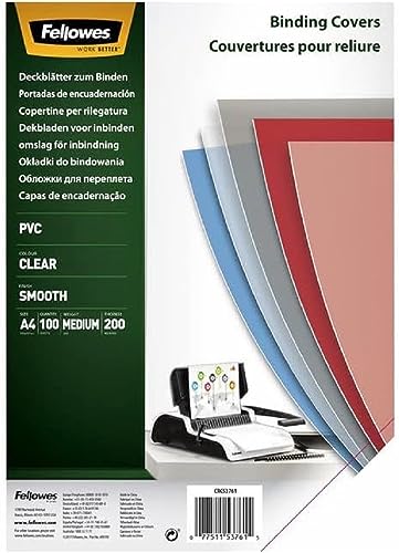 Fellowes Klarsicht Deckblatt aus PVC, A4 Format, 200 mic Stärke, transparent, ideal für Plastikbindung und Drahtbindung, Pack mit 100 Stück