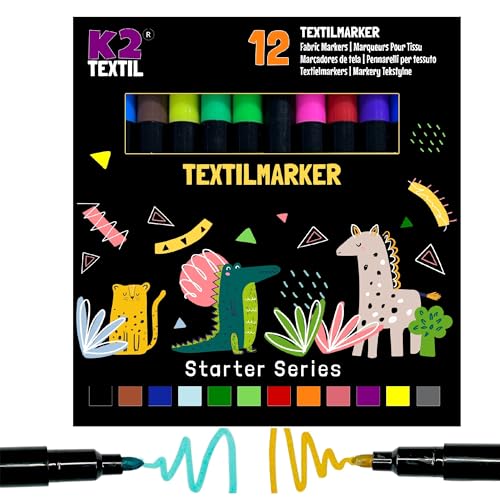 K2 TEXTIL 12 Textilstifte Waschmaschinenfest, Textilmarker zum Bemalen, Textilfarben für Textilien & Schuhe, Stoffmarker - Für Kinder Geeignet (12)