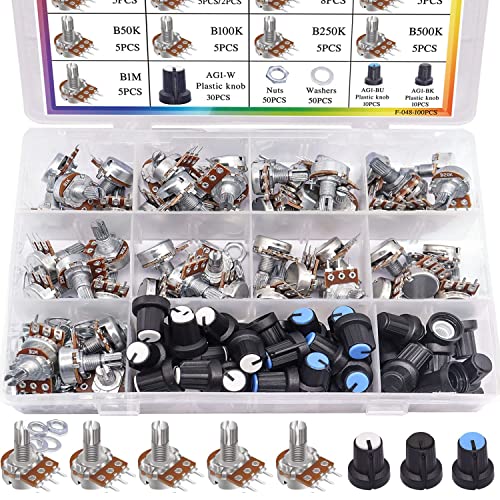 Taiss 100Stück Potentiometer Kit B1K B5K 10K 20K 50K 100K 250K 500K 1M Ohm Linear Taper Drehpotentiometer B Type Potentiometer with Nuts, Washers and 3 Different Colors of Aluminum Alloy Knopf F048