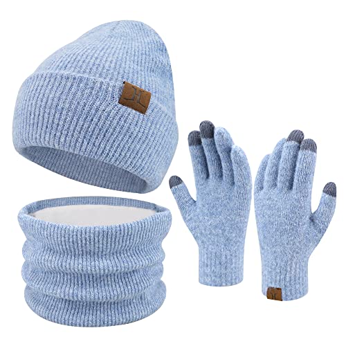 ZASFOU Damen Winter Beanie Mütze Schal Touchscreen Handschuhe Set Warme Wintermütze Loop Schal Schlauchschal Winterhandschuhe Weihnachten Geschenk für Frauen,Hellblau