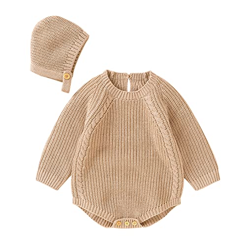 Neugeborenes Säugling Baby Solid Knit Strampler Baumwolle Langarm Junge Mädchen Pullover Kleidung Baby Body mit süßer Mütze Set Größe 5 Mädchen Kleidung Winter (Khaki, 12-18 Monate)