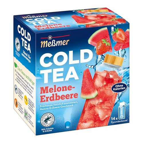 Meßmer Cold Tea Melone-Erdbeere | Belebe dein Wasser mit dem spritzigen Geschmack | ohne Zucker | ohne Kalorien | Alternative zu zuckerhaltigen Getränken wie Limonade oder Saft | 14 Pyramidenbeutel