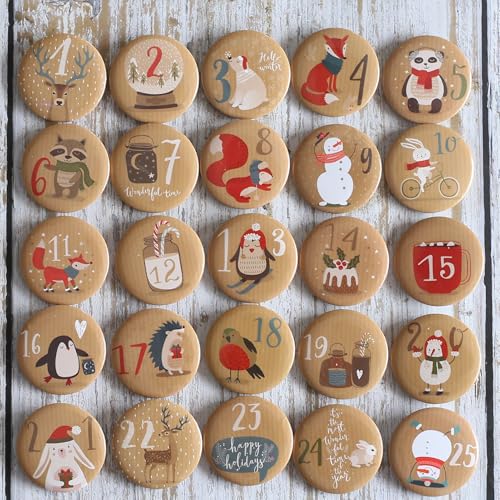 HERZONE Adventskalender Zahlen Buttons Anstecknadeln zum Dekorieren von Adventskalendern mit Zahlen von 1-25 Ideal für Stoffsäckchen, Tüten und Beutel (vintage animals)