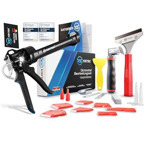 KISTEK® Profi Bundle – All in One Silikonentferner Werkzeug Set 18-tlg. inkl. Ersatzklingen zur Erneuerung von Acryl & Silikonfugen + 24:1 Profi Kartuschenpresse mit gummierten Griffen & Ratgeber